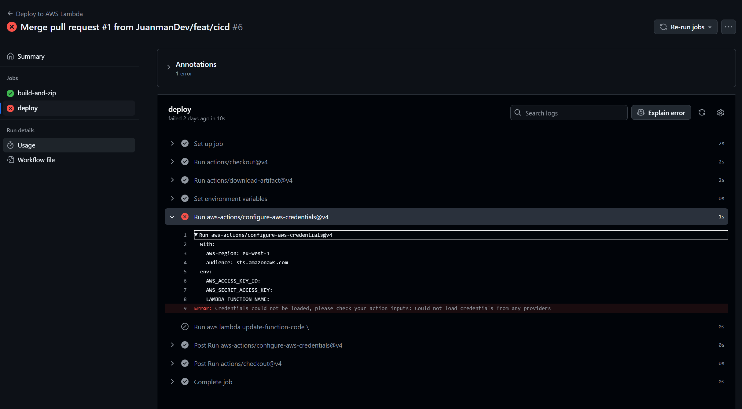 Github actions - error
